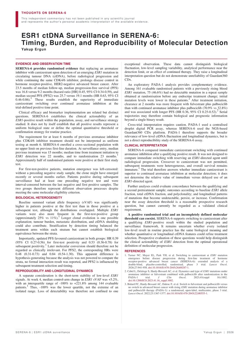 dr_yakupergun's tweet photo. Thoughts on SERENA-6 is a personal commentary that has not been published in conventional academic journals. 

From now on, I will share my personal writings in this format as a protest against a publishing system shaped by arbitrary editorial decisions, editors’ personal biases and conflicts of interest, favoritism within professional networks, excessive article processing charges, and the coercive “publish or perish” culture.