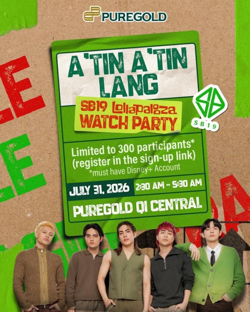 manilaconcerts's tweet photo. A'TIN, it's time to celebrate! 🇵🇭 
Join the #SB19xLollapalooza Watch Party as fans gather across the Philippines to witness SB19's historic performance at Lollapalooza! 🙌 https://t.co/qZLG1a7YEu