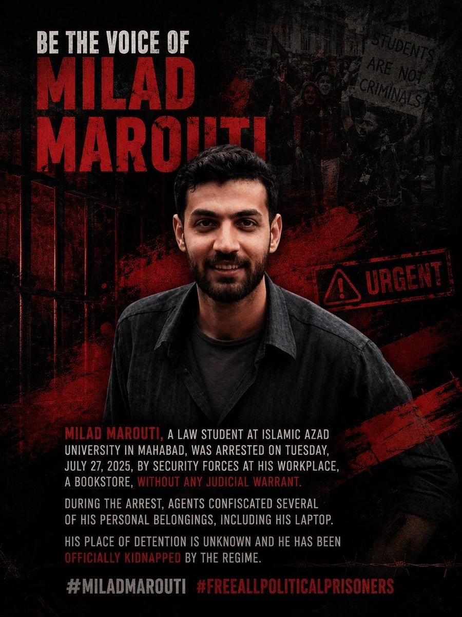 yukisinheaven's tweet photo. #MiladMorovati is a Kurdish law student from Mahabad and manager of the Hêvî Bookstore. He has been arrested by Iranian security forces and taken to an undisclosed location.
Raise your voice before his is silenced forever!
#StopExecutionsInIran https://t.co/lRcOXLRbDh