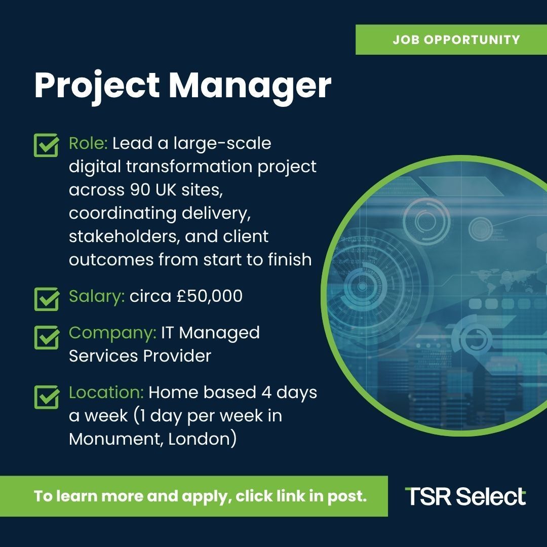 TSRselect's tweet photo. You’ll take ownership of project coordination, stakeholder communication, timelines, risks, and delivery, working largely remotely while maintaining close contact with the client and internal technical teams.

👉 Apply now: https://t.co/uW3jI0Rz2V https://t.co/tcCcMKRiNe