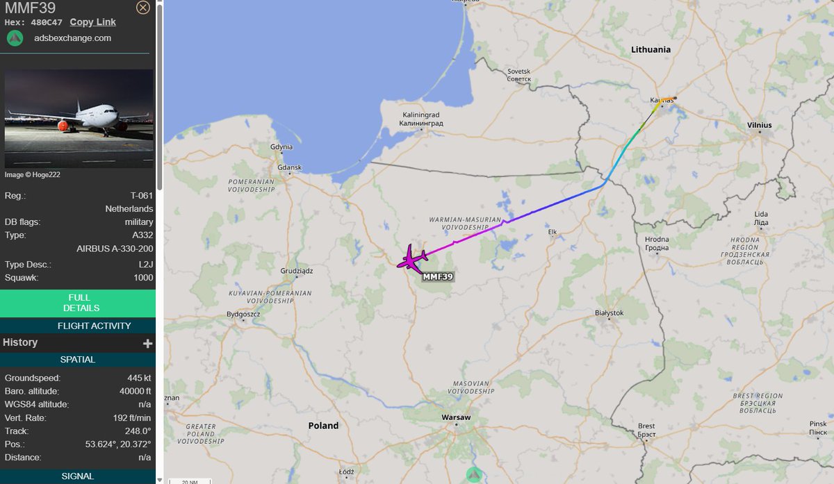 PolishMilRadar's tweet photo. 📅 29.07 🕛 12:37LT - ✈️ A330 MRTT MMF tranzytem 🇩🇪
🌍 Multinational Multi-Role Tanker Transport Fleet (MMF)
✈️ Airbus A330-243MRTT | Reg: T-061
🛫 Kowno #EYKA 🇱🇹
🛬 Berlin Brandenburg #EDDB 🇩🇪
#MMF39 leci na wysokości 40 tys. stóp
🔗 https://t.co/xyFyQ6AdN7
#POLMILRADAR https://t.co/tn5rpINBT4