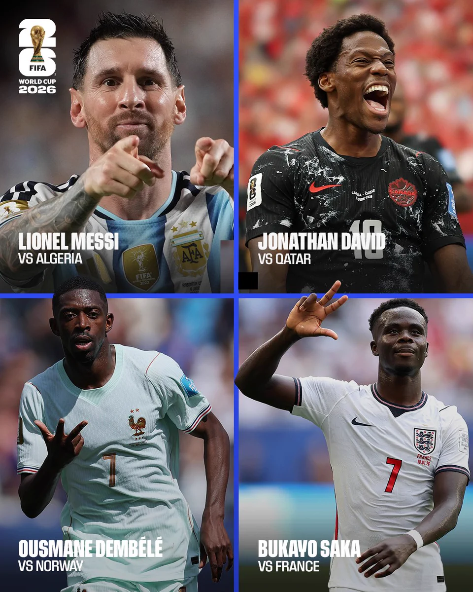 Four players scored hat-tricks at FIFA World Cup 2026.

Lionel Messi (Argentina) vs Algeria 
Jonathan David (Canada) vs Qatar
Ousmane Dembélé (France) vs Norway
Bukayo Saka (England) vs France