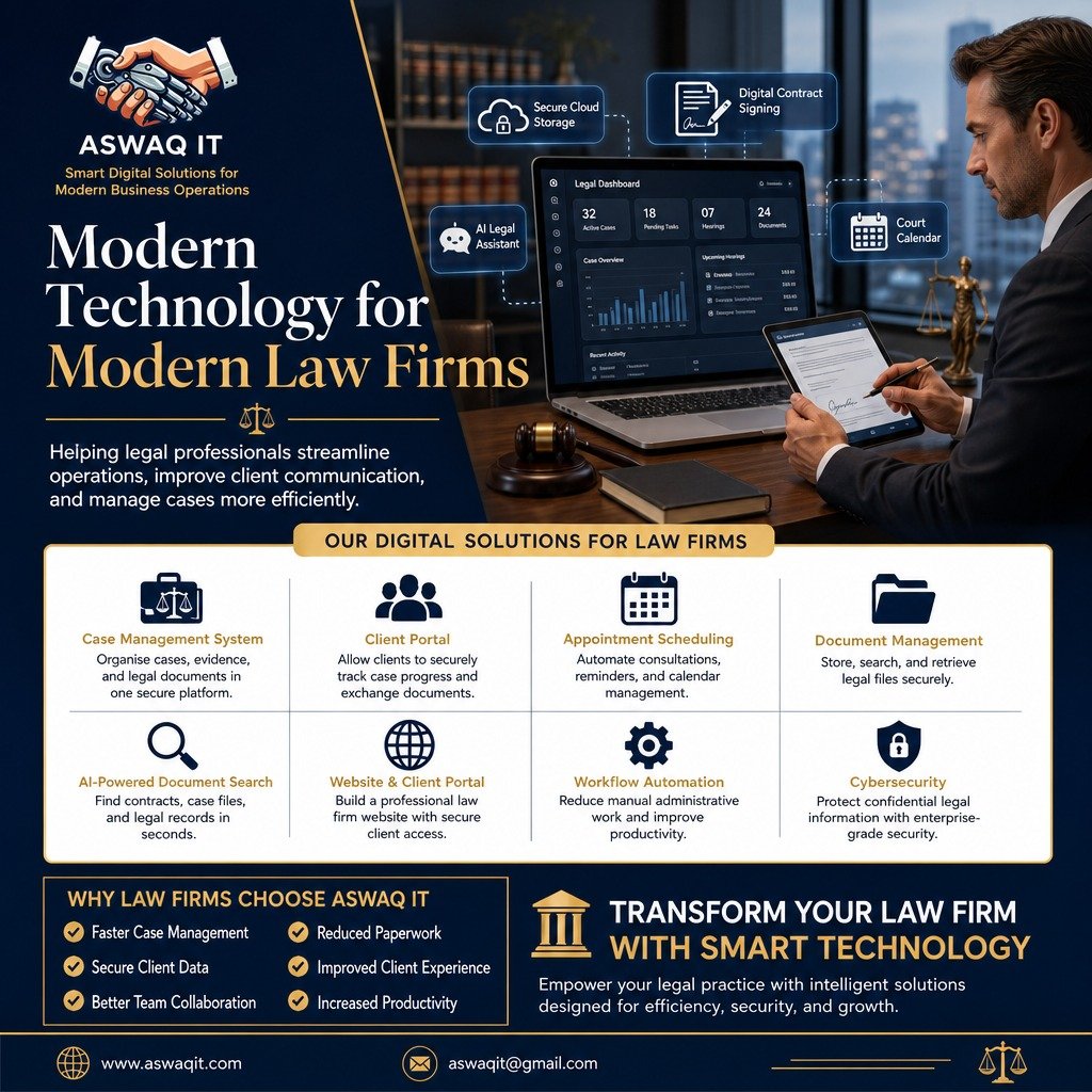 aswaqit's tweet photo. Technology is changing the way law firms operate, from client communication to case management.

🌐 https://t.co/QLq7EC2oTY
📧 aswaqit@gmail.com
#ASWAQIT #LegalTech #LawFirm #DigitalTransformation #BusinessAutomation https://t.co/huyAOVtkGo