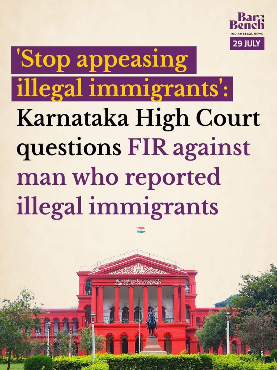 BefittingFacts's tweet photo. Karnataka High Court has lashed out on Congress ruled Govt, for 'appeasing illegal immigrants '

On 22nd July, Dr Narendra had filed a complaint regarding illegal Bangladeshi immigrants in Bengaluru.

Within 15 minutes, two criminal cases were filed against Dr. Narendra, and he was arrested.

The police later confirmed that the complainant couple Mohammad Bilal and Naseerna, were indeed from Bangladesh.

"Ask them to control this (illegal immigration), leave other talks. What is the (Home) Department doing? Busy with other speeches?" the Court orally remarked without naming the Home Minister @PriyankKharge