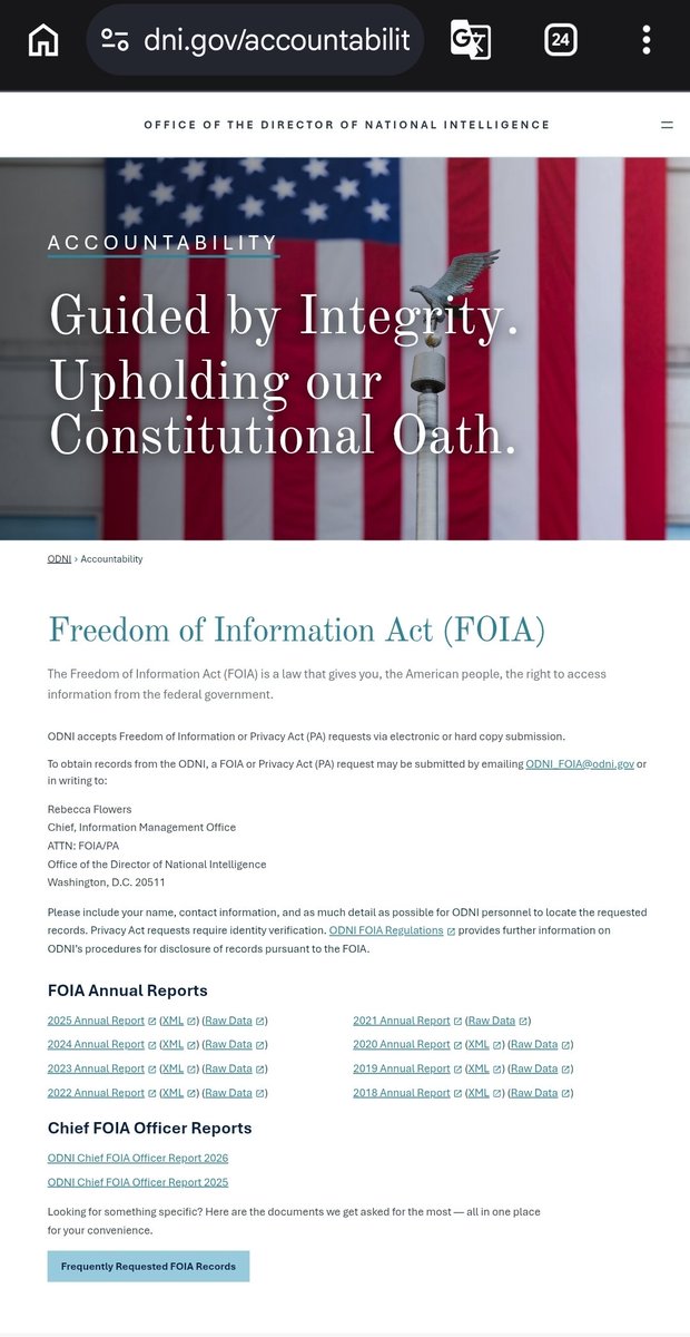 JasonLeopold's tweet photo. ODNI tweaked its website again, including its FOIA page. Visitors are now greeted with:

"The Freedom of Information Act (FOIA) is a law that gives you, the American people, the right to access information from the federal government." 

Just a reminder that ODNI also scrubbed decades of docs from it's FOIA page