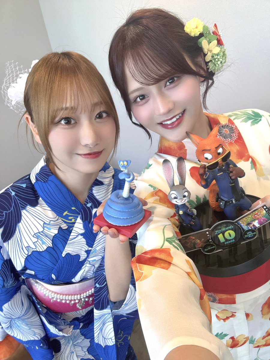 takamatsuhitomi's tweet photo. 本日行われた
Happyくじ『ズートピア』
10thアニバーサリー商品発表会に
しょうこと参加させていただきました✨

2人でニックとジュディを
イメージしたような浴衣姿だったんです👘 
いかがですか〜！♡

ぜひ一緒に｢ズートピア｣のHappyくじを
楽しみましょう〜😆 https://t.co/lOdTBRPmTQ