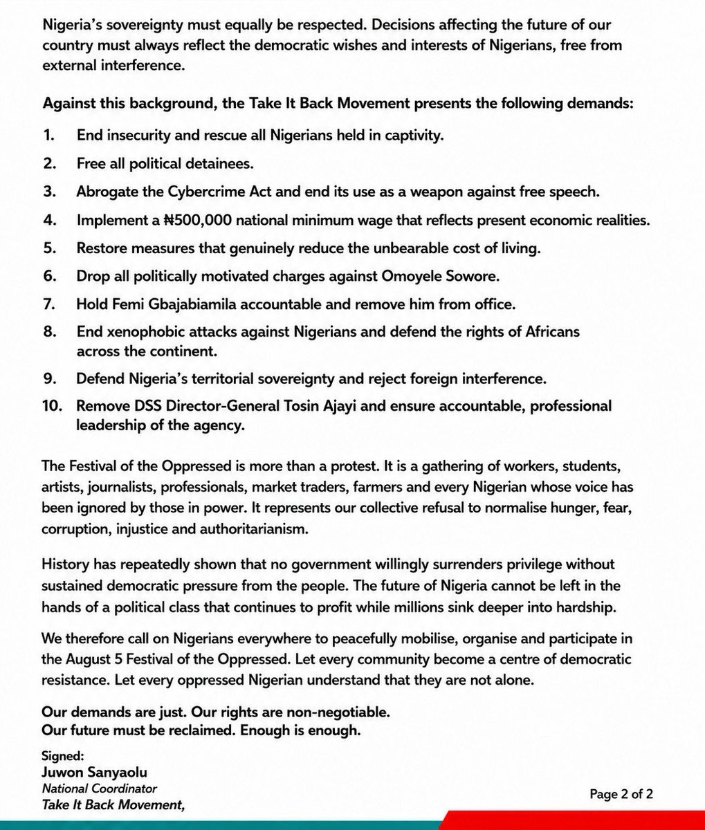 TIBmovement's tweet photo. The Festival of the Oppressed is a declaration that Nigerians will no longer accept hunger as policy, insecurity as normal, repression as governance or silence as an option.
#FestivalOfTheOppressed #TakeItBackMovement
#August5
#RevolutionNow https://t.co/3qq9sxQNnZ