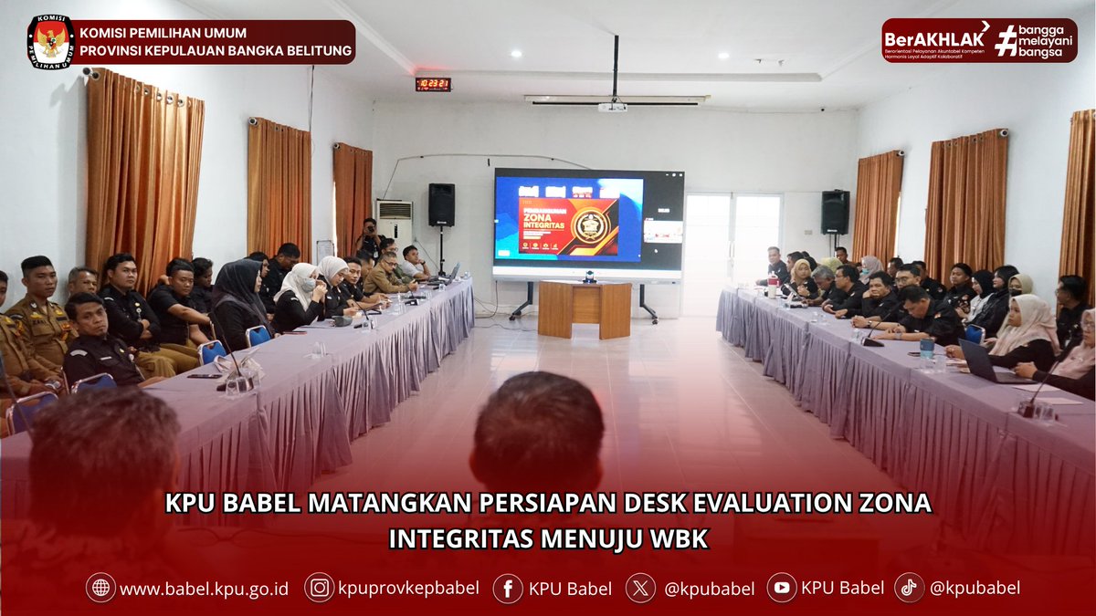 KPUBabel's tweet photo. #SeperadikPemilih KPU Babel melaksanakan Rapat Persiapan Desk Evaluation Zona Integritas menuju Wilayah Bebas dari Korupsi (WBK) oleh Tim Penilai Nasional Kementerian Pendayagunaan Aparatur Negara dan Reformasi Birokrasi Republik Indonesia pada Rabu (29/7/2026).

#KPUMelayani https://t.co/ld7JoM7Ii7