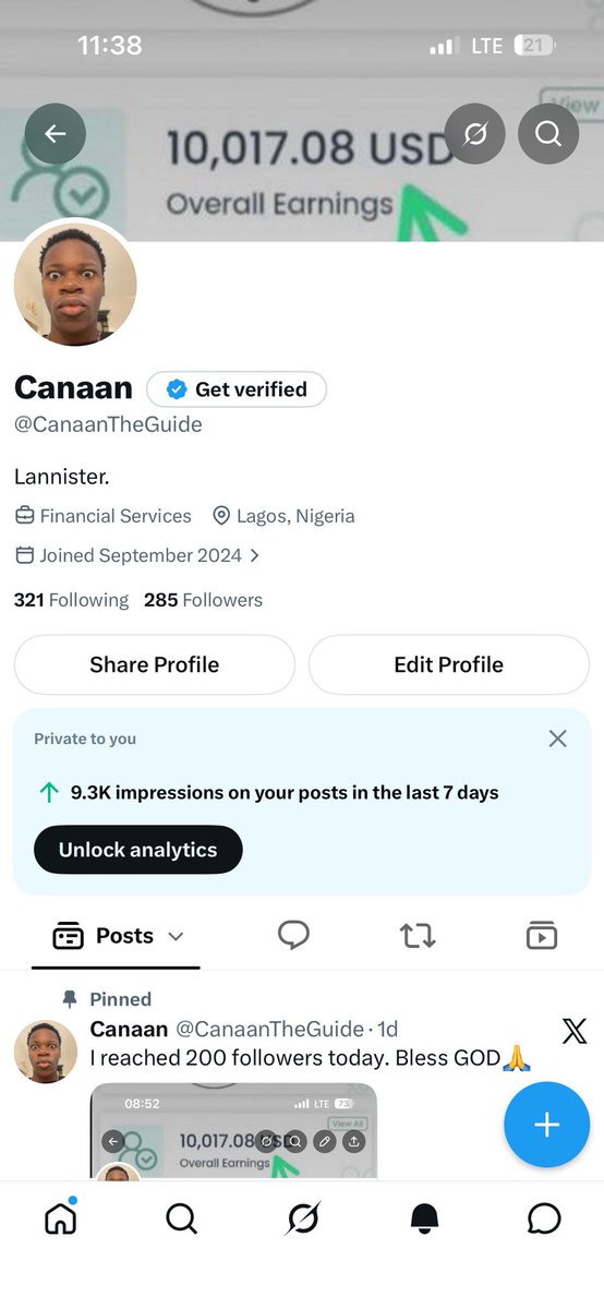 CanaanTheGuide's tweet photo. I reached 285 followers and 9.3k impressions after this tweet🤯. Reply to this if you want good engagement⬇️🧏
Bless GOD🙏 https://t.co/5wSol3pASq