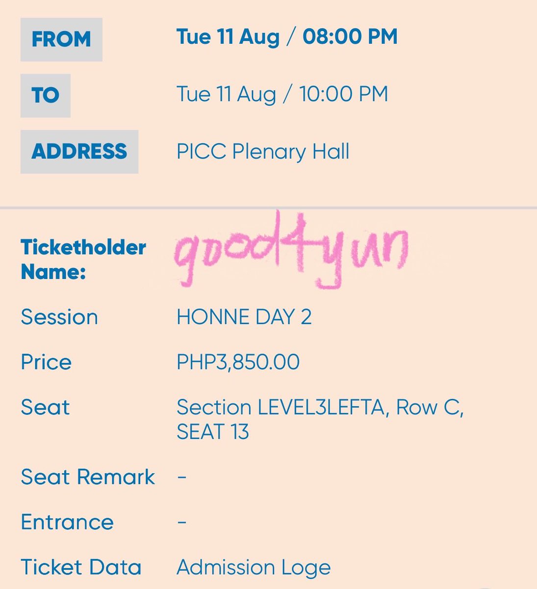 good4yun's tweet photo. wts lfb ph

honne 10 year anniversary tour 
august 11 - day 2

- (1) loge (check photo for specific area!)
- price: ₱3850 (negotiable if payo)
- rfs: coincided with work trip
- e tix only 

dm / reply me if u’re interested (afterwards, we can dm on ig) https://t.co/9mpV60FNKm