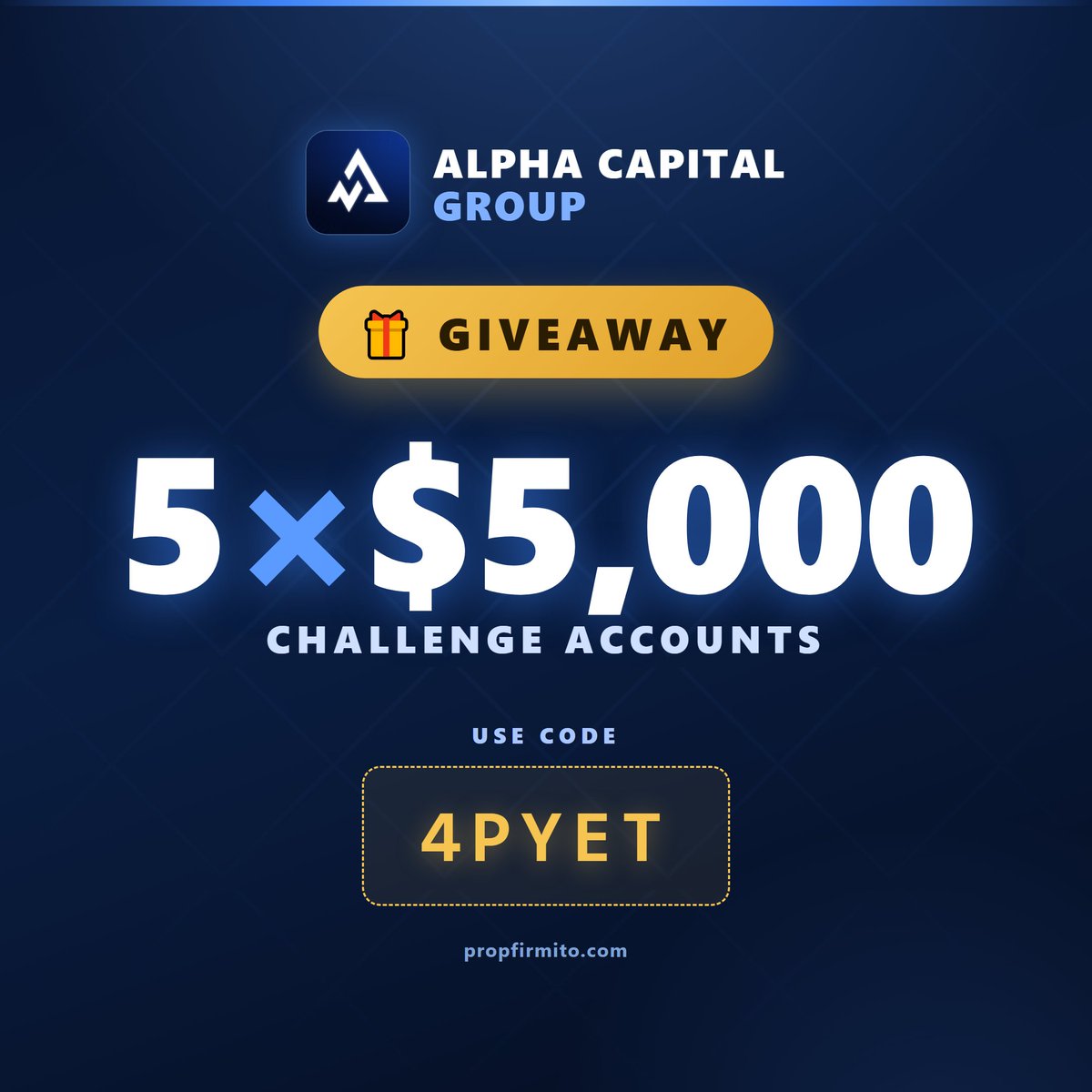 propfirmito's tweet photo. GIVEAWAY  5× 5K Alpha Capital accounts.
To enter:     
1. Follow @propfirmito
2. Like this post
3. Repost     
Winners drawn July 30. Good luck.     To support use code: 4PYET .   
I will ask you for your emails in the DM and send them to Alpha Capital and they will issue the accounts. 
18+, winner must be eligible for Alpha Capital in their country. We'll only ever DM the winner from this account, and never ask for payment — ignore impersonators. Not affiliated with X.