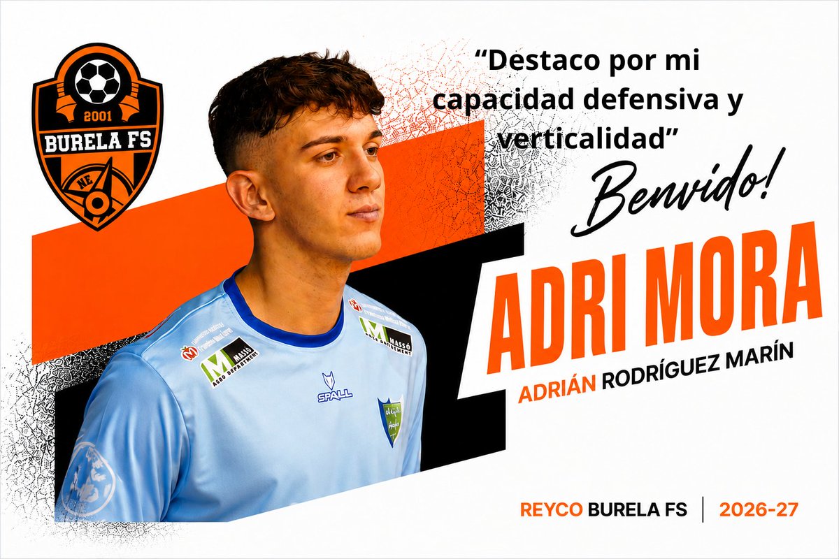 burelafs's tweet photo. 🗞️📰 𝐄𝐥 𝐚𝐥𝐚-𝐜𝐢𝐞𝐫𝐫𝐞 𝐀𝐝𝐫𝐢 𝐌𝐨𝐫𝐚 𝐭𝐚𝐦𝐛𝐢𝐞́𝐧 𝐬𝐞 𝐬𝐮𝐛𝐞 𝐚 𝐥𝐚 𝐧𝐚𝐯𝐞 𝐥𝐚𝐫𝐚𝐧𝐱𝐚

🛬🛬🛬 Adrián Rodríguez Marín (Almería, 02/03/2004), más conocido como Adri Mora, se incorpora al  @burelafs  . El ala-cierre andaluz llega en calidad de cedido por el recién ascendido a Primera @CDElEjidoFutsal .

🔗 https://t.co/bgbcjzYTwH

📈📝 El nuevo jugador naranja llega para aportar juventud y experiencia en la categoría; Adri Mora es un buen defensor de pívots dominantes, con buena envergadura y pegada exterior. 

💪🗣️💪 @adriianmoraa_  “Soy un jugador muy intenso, competitivo y con ganas de aprender y seguir creciendo. Destaco por mi gran capacidad defensiva y verticalidad, aunque podría ayudar en muchas otras facetas” así se define el ala-cierre, de 22 años.

😄😄😄 “Llego con unas expectativas muy altas ya que es un equipo bien estructurado que está haciendo las cosas muy bien. Además quiero demostrar quién soy y de dónde vengo para devolver toda confianza que han depositado en mí”.

🧡🫂🧡 “Conozco el ambiente y el pueblo por las veces que hemos jugado en contra y la verdad es muy bonito y acogedor; tengo muchas ganas de dar muchas alegrías a la afición y la gente de Burela”.
