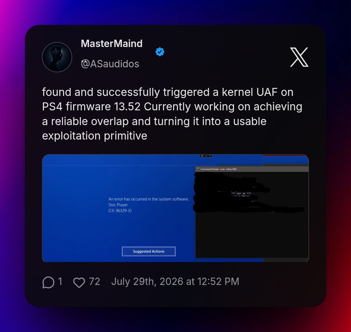 juicerfruit13's tweet photo. A kernel vulnerability was discovered at 13.52
@ASaudidos 

Hashtags; ps4 goldhen homebrew jb ps5 yenyen 12.70 13.02 13.04 13.40 13.50 13.42 modded 12.70 hen sistro https://t.co/U090rG4s1q