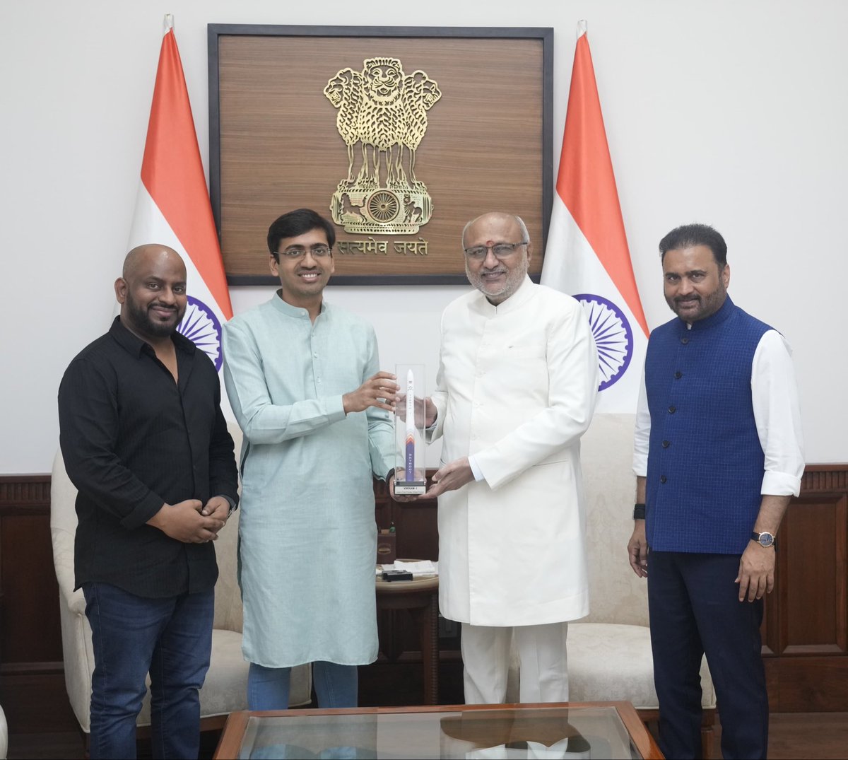 VPIndia's tweet photo. Skyroot Aerospace Co-founder & CEO Shri Pawan Chandana called on Vice President Shri C. P. Radhakrishnan, along with his team, at Parliament House today.

They discussed the inspiring journey of Skyroot Aerospace, the successful Vikram-1 mission, India’s first privately developed orbital launch vehicle and Skyroot’s vision for the future of India’s space sector.

The Vice President congratulated the entire team at Skyroot Aerospace on this remarkable achievement and conveyed his best wishes for their future endeavours. He expressed confidence that their pioneering efforts would continue to strengthen India’s position as a global leader in the space sector. 

@SkyrootA