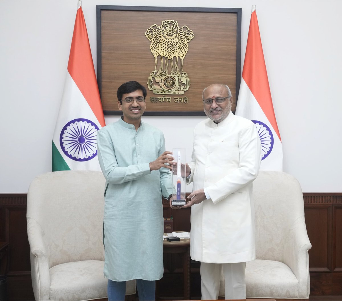VPIndia's tweet photo. Skyroot Aerospace Co-founder & CEO Shri Pawan Chandana called on Vice President Shri C. P. Radhakrishnan, along with his team, at Parliament House today.

They discussed the inspiring journey of Skyroot Aerospace, the successful Vikram-1 mission, India’s first privately developed orbital launch vehicle and Skyroot’s vision for the future of India’s space sector.

The Vice President congratulated the entire team at Skyroot Aerospace on this remarkable achievement and conveyed his best wishes for their future endeavours. He expressed confidence that their pioneering efforts would continue to strengthen India’s position as a global leader in the space sector. 

@SkyrootA