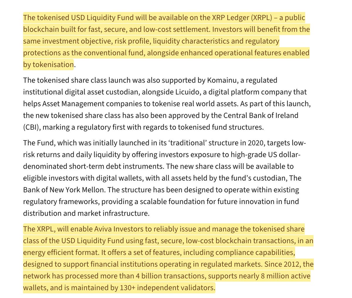 CDemanincor's tweet photo. 🚨 BREAKING: Another major institution has officially gone live on the ripple:native Ledger.

Aviva Investors has tokenized its first-ever investment fund, launching a tokenized share class of its USD Liquidity Fund directly on the XRPL.

This isn't a pilot or proof of concept. It's a live, regulated institutional fund operating on public blockchain infrastructure.

The launch was supported by Ripple, institutional custodian Komainu, tokenization platform Licuido, approved by the Central Bank of Ireland, with assets held by BNY Mellon.

This demonstrates that institutions aren't just experimenting with tokenization anymore—they're deploying real financial products on blockchain infrastructure while maintaining the same regulatory protections, liquidity profile, and investor safeguards as traditional funds.