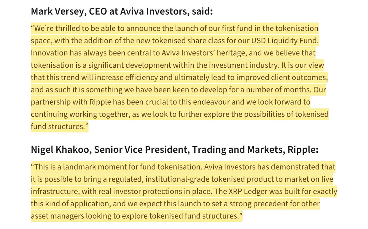 CDemanincor's tweet photo. 🚨 BREAKING: Another major institution has officially gone live on the ripple:native Ledger.

Aviva Investors has tokenized its first-ever investment fund, launching a tokenized share class of its USD Liquidity Fund directly on the XRPL.

This isn't a pilot or proof of concept. It's a live, regulated institutional fund operating on public blockchain infrastructure.

The launch was supported by Ripple, institutional custodian Komainu, tokenization platform Licuido, approved by the Central Bank of Ireland, with assets held by BNY Mellon.

This demonstrates that institutions aren't just experimenting with tokenization anymore—they're deploying real financial products on blockchain infrastructure while maintaining the same regulatory protections, liquidity profile, and investor safeguards as traditional funds.