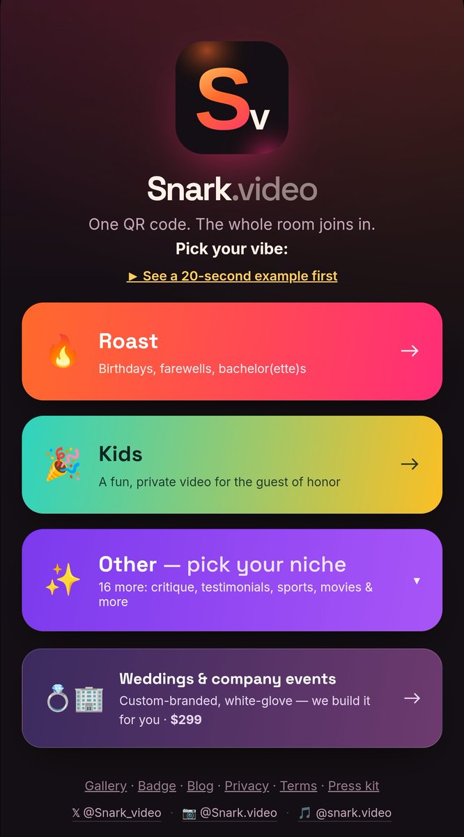 EmblemHub_'s tweet photo. Another milestone for EmblemHub 🔥

@Snark_Video by @XCPinata is now live — marking the 40th app, published by the 50th user 👀

One QR code opens a shared video wall where the whole room can join in.

Use it for roasts, birthdays, farewells, bachelor parties, private messages, critique walls, mentor advice, sports hype, customer testimonials, demo feedback, outfit ratings and more.

Each wall is built around the moment, so it stays focused, private and easy for everyone to use.

Collect honest takes, reactions, cheers and memories in one place.

Go check it out and support the builder.
https://t.co/tMCG2hYWSK