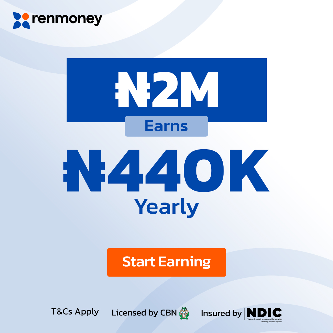 Renmoney's tweet photo. ₦2,000,000 in Renmoney earns ₦440,000 a year at 22% p.a. No hustle. No side gig. No wahala. Just your money doing the work. Licensed by CBN. Insured by NDIC. Start earning today.