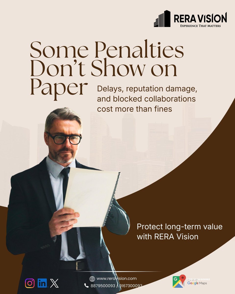 ReraVision's tweet photo. Not all penalties are financial.

Delays, reputation damage, and missed opportunities can cost developers far more than a fine.

Stay compliant. Protect your long-term value with RERA Vision.

#RERA #RealEstate #Developers #Compliance https://t.co/28X1CiZxML