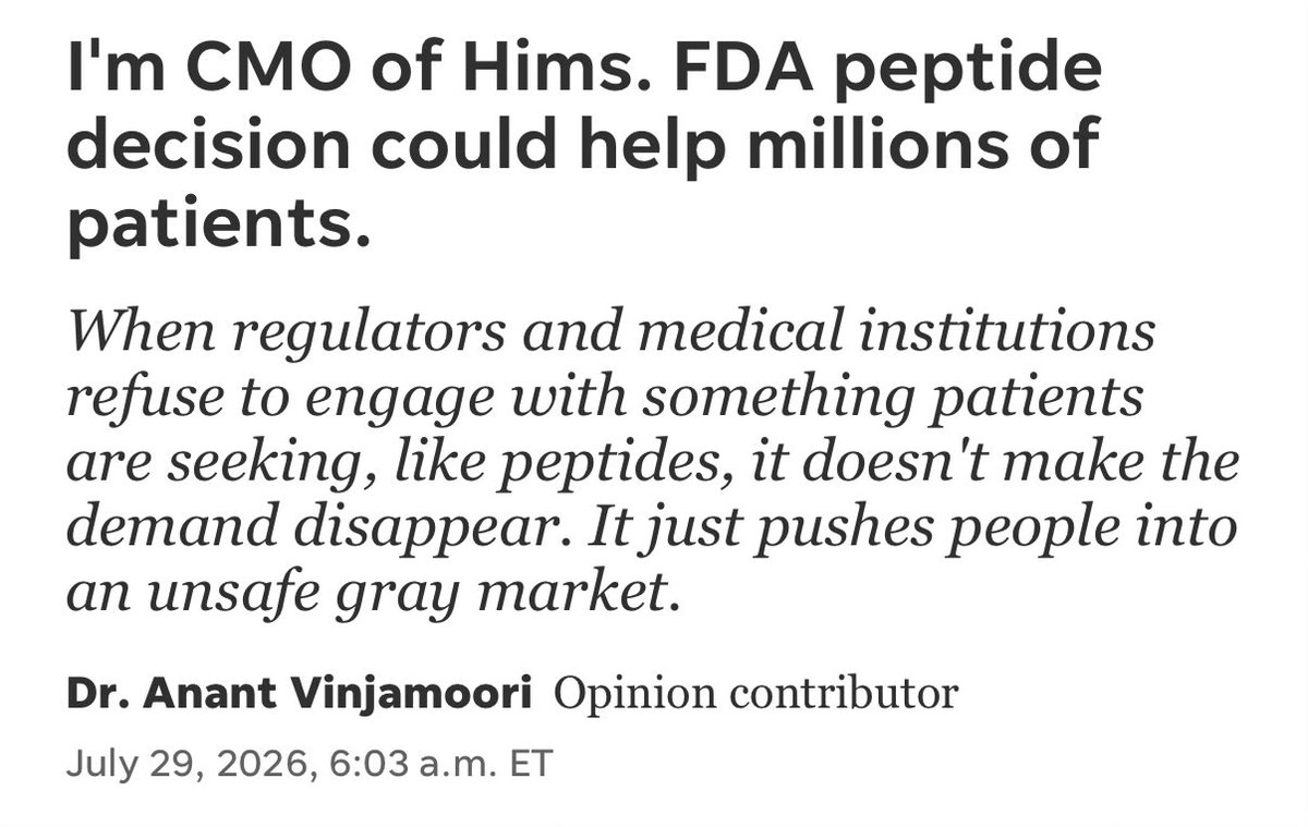himshouse's tweet photo. 🚨 $HIMS CHIEF MEDICAL OFFICER PUBLISHES OP-ED 

"When regulators and medical institutions refuse to engage with something patients are seeking, it doesn’t make the demand disappear – and it doesn’t make it safer. It just pushes people into an unsafe gray market. We can't pretend that is a sustainable solution, especially in a world where peptides are part of the future of medicine."

"For many peptides, randomized controlled trials do not exist and may never come. These compounds are often old, cheap or unpatentable, so no company has a financial incentive to spend the hundreds of millions of dollars a trial costs."

"And while these trials are important to understanding the safety and efficacy of drugs, 'no randomized controlled trial' is not the sameas 'no evidence.' "