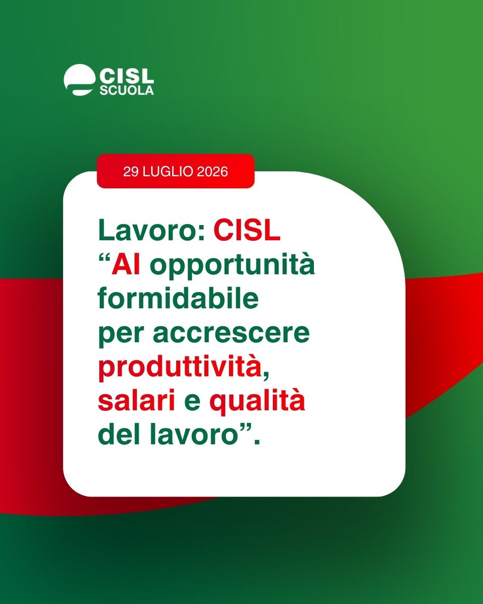 cislscuola's tweet photo. 🧠🌐Martedì 28 luglio la @CislNazionale, durante l’audizione in #Senato sul decreto attuativo della #legge in materia di #AI, chiamato a completare l’adeguamento delle leggi italiane all’#AIAct europeo entro il 10 ottobre 2026, si è espressa dicendo:

🔍"L’#intelligenzaartificiale rappresenta un’#opportunità formidabile per accrescere #produttività, #salari e qualità del #lavoro ... Restano, tuttavia, alcuni nodi essenziali da sciogliere", ad esempio sui guadagni di #produttività e sulla #valutazione della #prestazioneprofessionale.

Clicca il link e leggi per intero il comunicato 👉 https://t.co/vmuLdLavp3