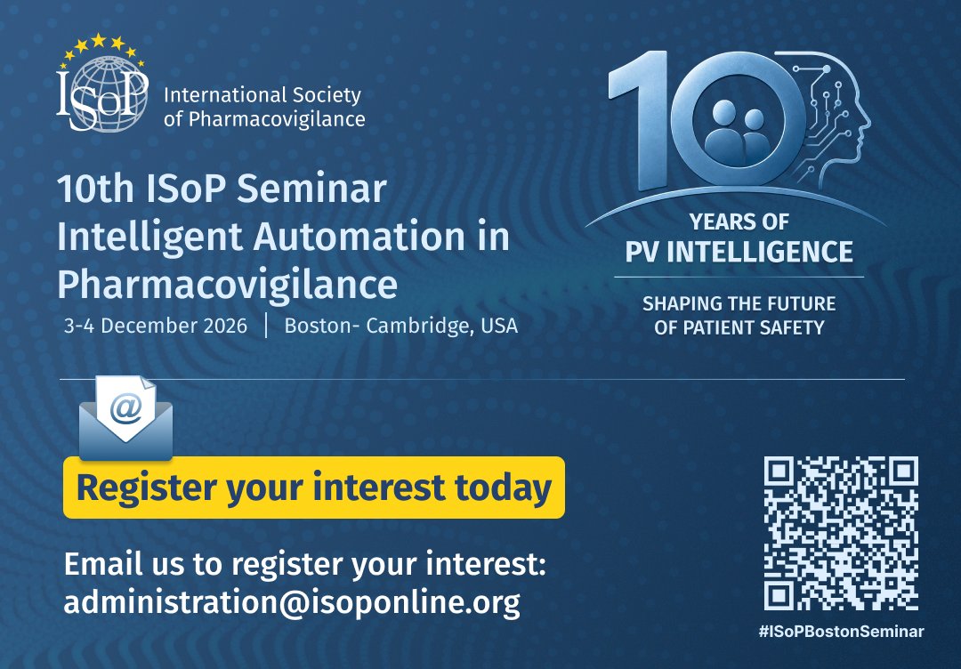 ISoPonline's tweet photo. 🚀 Register your interest today!

Join the 10th ISoP Seminar on 3–4 Dec 2026 in Boston–Cambridge, USA.

Celebrate 10 Years of PV Intelligence and explore how AI and automation are shaping the future of patient safety.

📩 Email: administration@isoponline.org

#ISoPBostonSeminar https://t.co/YPJ91Rzvjv
