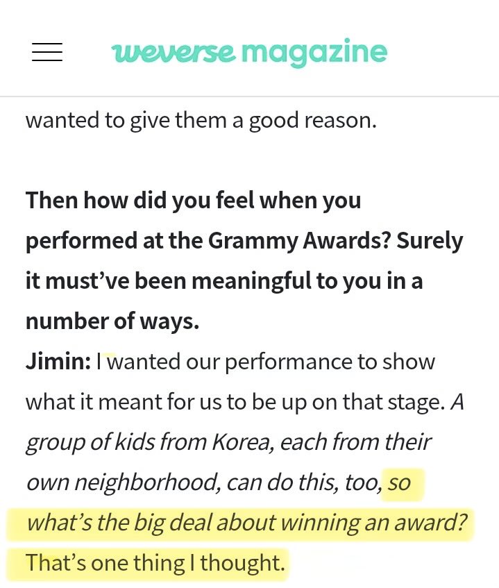 info_jimin's tweet photo. #JIMIN sempre deixando claro que, para um artista, ter sua música transmitida sempre será maior do que qualquer prêmio. ☝️

“Eu queria que a nossa performance mostrasse o que significava para nós estarmos naquele palco. Um grupo de garotos da Coreia, cada um vindo de sua própria vizinhança, também pode fazer isso. Então, qual é a grande importância de ganhar um prêmio? Foi isso que eu pensei.”