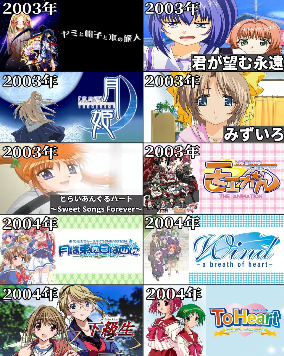 mizuwa324's tweet photo. エロゲが原作のアニメ作品をまとめました📺

1996年～2006年にアニメ化された作品を掲載しています。

※18禁OVAは除く。
※スピンオフなど、エロゲが直接の原作ではない作品は含みません。 https://t.co/PDTdeafAPp