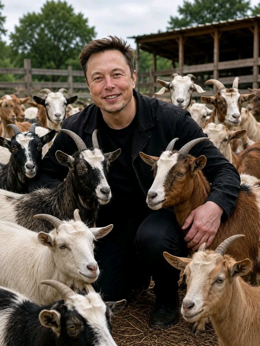 TheFinestSoul's tweet photo. Elon Musk spending time with goats... what's your first thought? 🐐😄

🅰️ Wholesome ❤️
🅱️ Funny 😂
🅲️ Unexpected 😲
🅳️ AI Vibes 🤖 https://t.co/8NJSTwIU0h