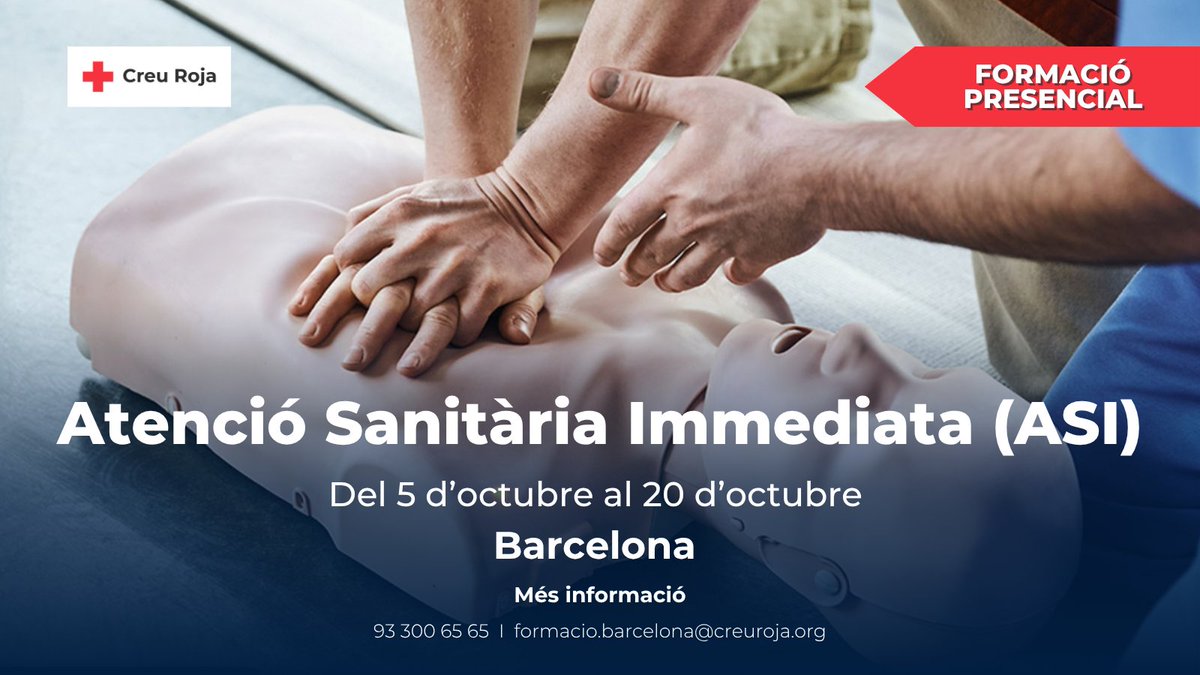 CreuRojaBCN's tweet photo. 🚑 Vols iniciar-te en el món de les emergències?
Forma’t amb la doble titulació d’Atenció Sanitària Immediata (ASI) + Suport Vital Bàsic i DEA i aprèn a actuar amb seguretat davant d’una emergència.

Places limitades. Més informació 👇
https://t.co/YgUGrnxfiy https://t.co/HwQKTVsK7O