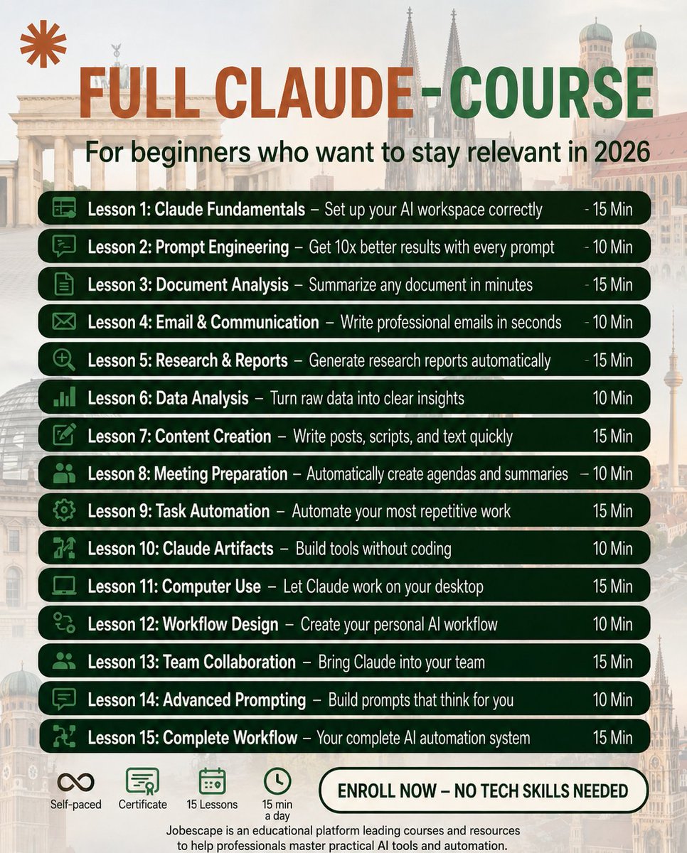 jobescape_ai's tweet photo. Full Claude Course 

Master Claude to automate repetitive tasks, build apps without coding, create real portfolio projects, and become more valuable at work.