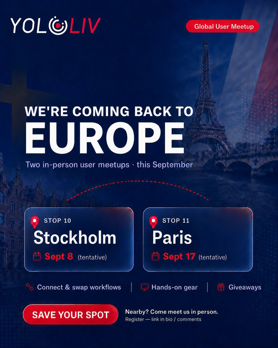 YoloLivTech's tweet photo. We're coming to Europe. 🇪🇺

9 meetups down… next stop: Stockholm &amp; Paris this September.

Good people, hands-on gear, and giveaways. 🎁

Stockholm or Paris — where will we see you? 📍

👉 Sign up: link in comments

#YoloLiv #YoloBox #UserMeetup #LiveStreaming #ContentCreators https://t.co/k9ZYxZO4ai