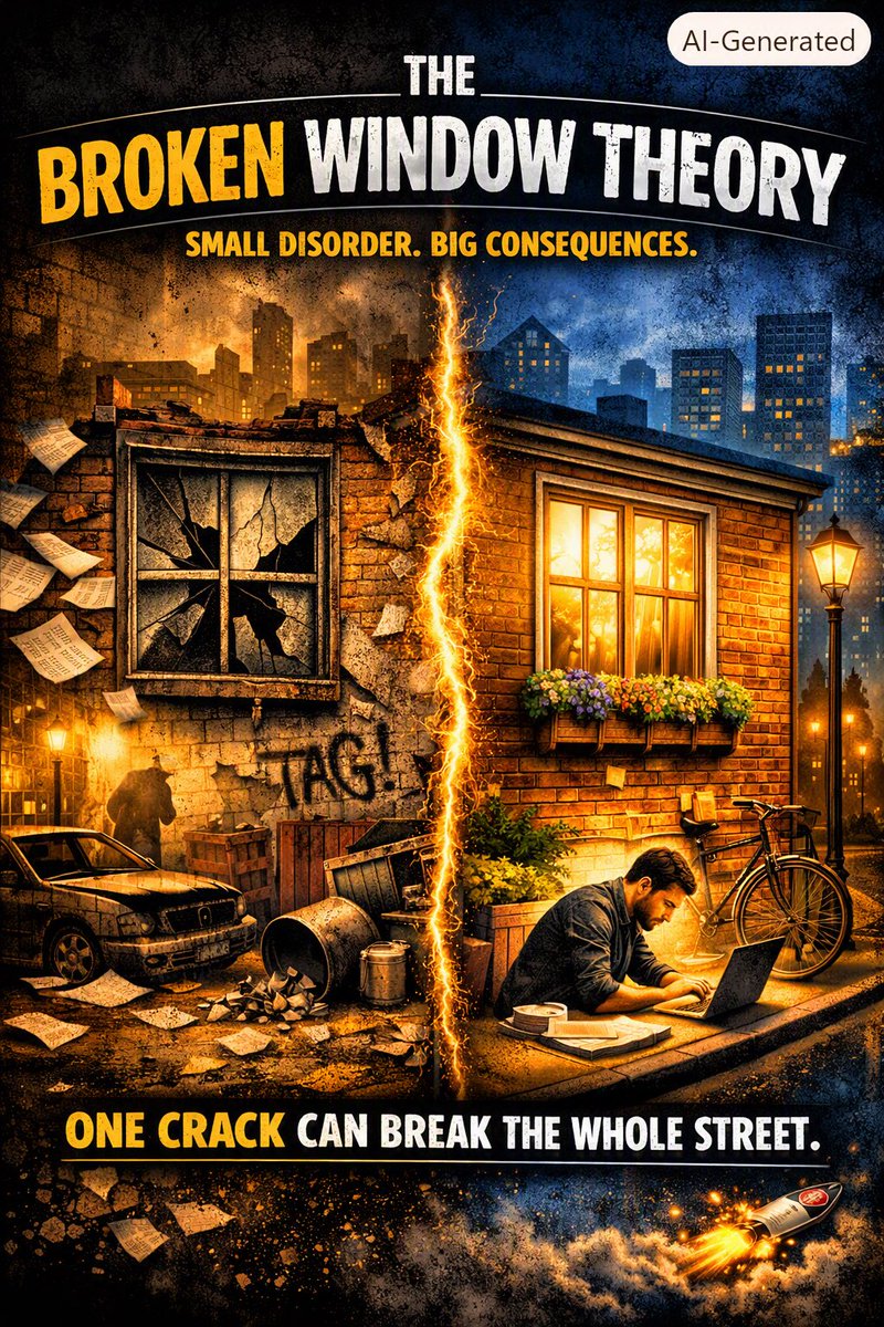 PeerlessPopo's tweet photo. 🧵🪡Thread: The Broken Window Theory
One crack can break the whole street.
That’s the Broken Window Theory. 🪟
First introduced by James Q. Wilson &amp; George Kelling in 1982.
#WeGrowTogether #everydayRead https://t.co/Ni7yDdYNuQ