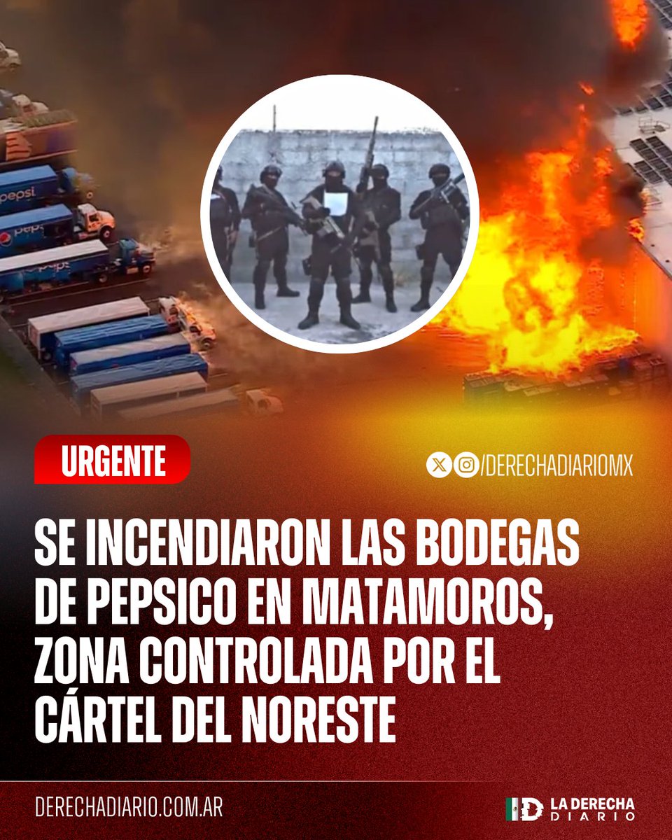 DerechaDiarioMX's tweet photo. 🚨🇲🇽 | #URGENTE Las bodegas de la Pepsico en Matamoros ardieron en llamas que consumieron más de 40 vehículos de reparto: La zona es controlada por el Cártel del Noreste, ante la ausencia del Estado gobernado por Américo Villarreal. https://t.co/uivHHWymL8