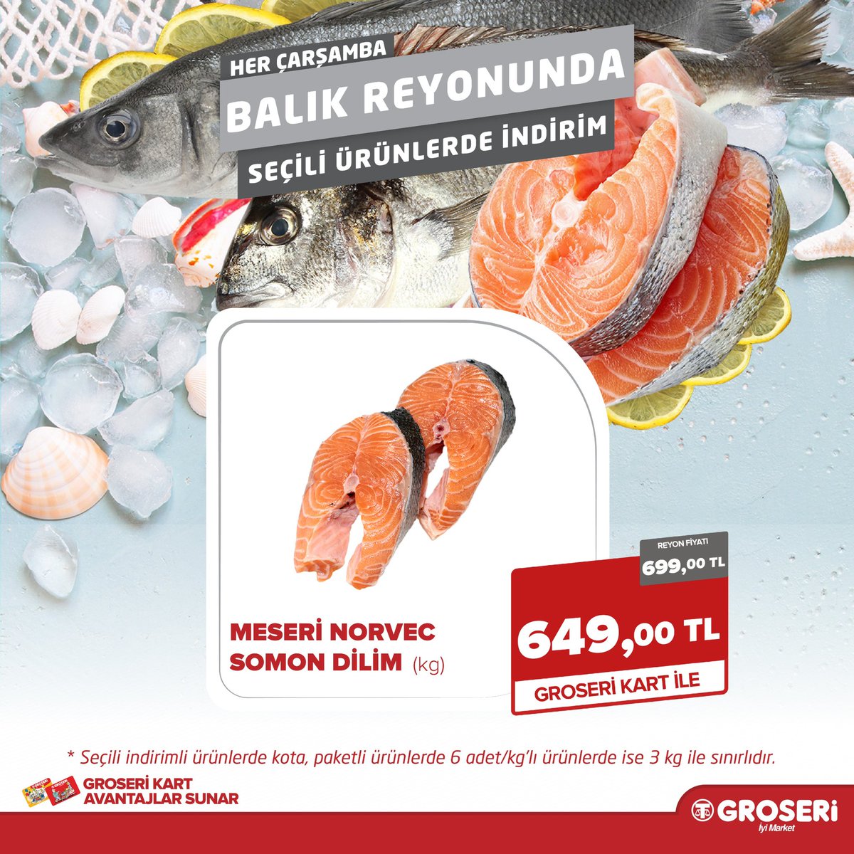 groseri's tweet photo. 🐟 Balık alışverişi için doğru gün: Çarşamba!

Her Çarşamba, seçili balık ve deniz ürünlerinde özel indirimler sizi bekliyor.
Tazeliği yakalayın, haftalık alışverişinizi avantajlı fiyatlarla tamamlayın.

İndirimli ürünleri keşfetmek için:
https://t.co/qnZ4BQ6lDm https://t.co/fNpBiiH8nl