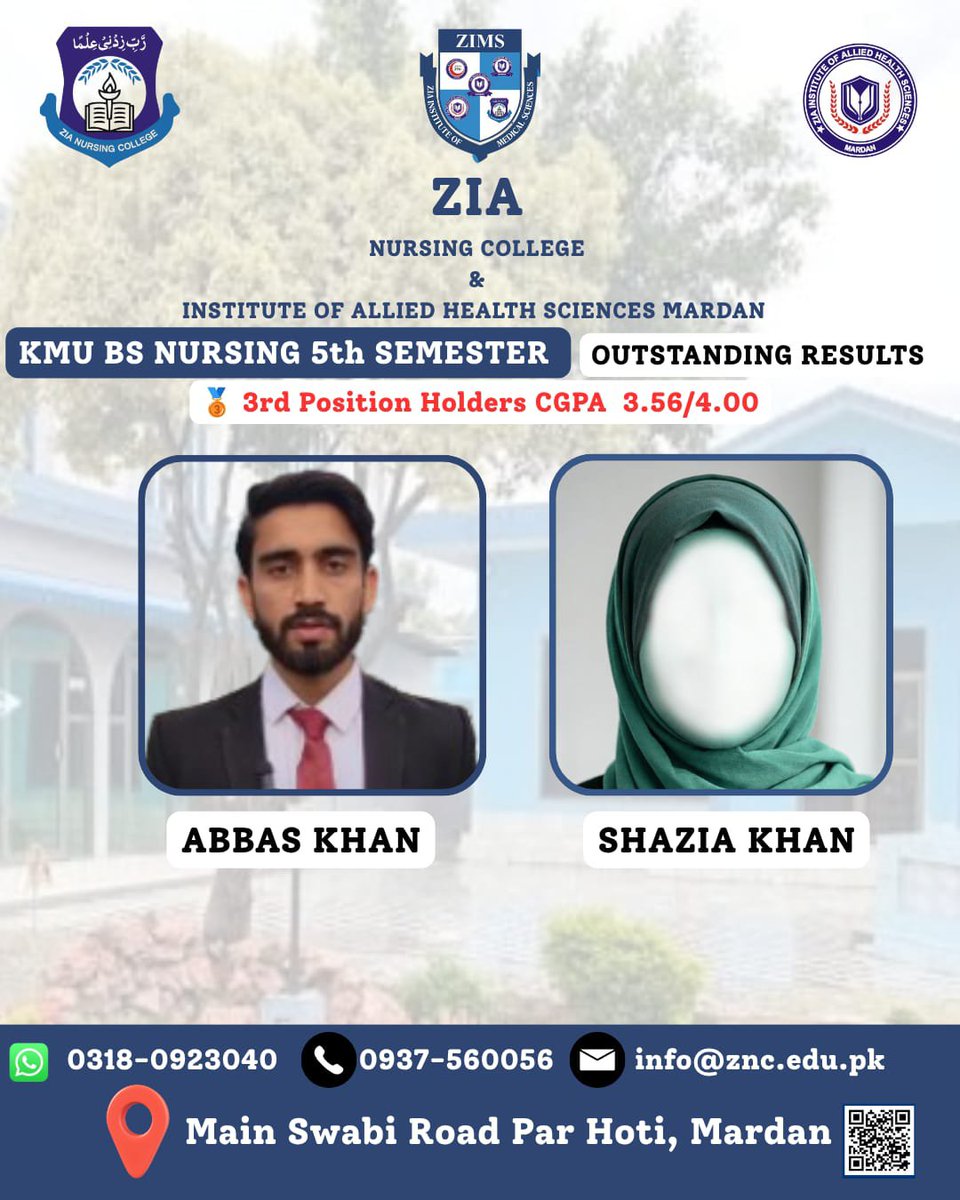 zimsedu's tweet photo. 🏆 Academic Excellence at Zia Nursing College, Mardan! 🌟
Congratulations to our KMU BS Nursing 5th Semester top achievers!

Shining bright! 👏
📞 0318-0923040 | 📍 Main Swabi Road, Par Hoti, Mardan
#BSNursing #KMU #Mardan #ZNC #AcademicExcellence https://t.co/JlfYMBqcJD