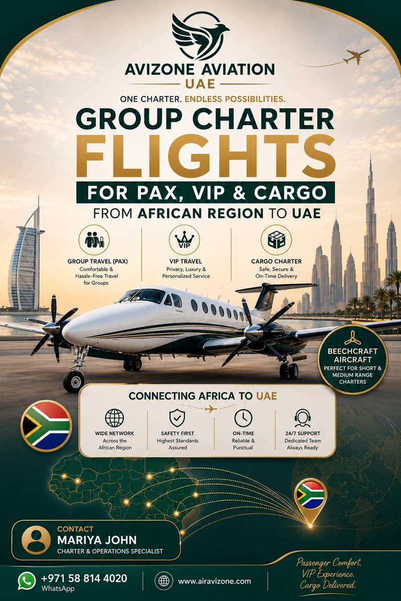 avizoneinternal's tweet photo. ✈️ Africa to UAE, Made Easy. 🌍

Group Charter Flights for PAX, VIP &amp; Cargo with safe, reliable, and flexible operations.

📲 +971 58 814 4020
🌐 https://t.co/EaTKK56fd3
#AviZoneAviation #GroupCharter #AfricaToUAE #Cargo #VIPTravel #Aviation https://t.co/DOixlqAyMY