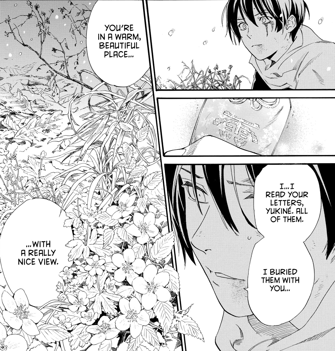 AnnaMlynsk1's tweet photo. Before Yato buried Yukine, he read all of his letters.  I picture him sitting in the snow, smoothing out the crumpled pieces of paper on his lap and reading every word written on them. He does this even though he knows what they say; it’s a symbolic act, a tribute to the dead boy https://t.co/Hje7h54Tx8