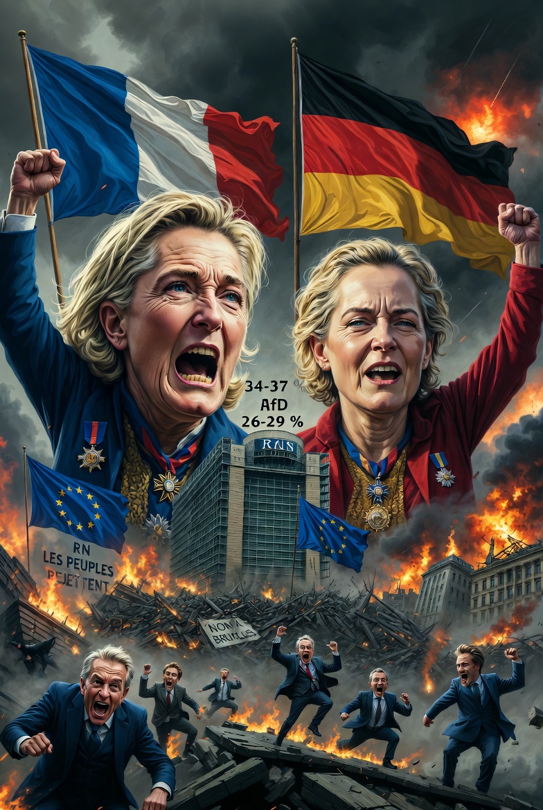 Media4O4's tweet photo. 🇫🇷 France - 🇩🇪 Allemagne : Sondage choc ! Le Rassemblement National de Marine Le Pen mène à 34-37 % pour la présidentielle 2027, l'AfD domine en Allemagne à 26-29 %. Les peuples rejettent l'immigration et les diktats de Bruxelles. 🎭 https://t.co/BTJD4cNn8f