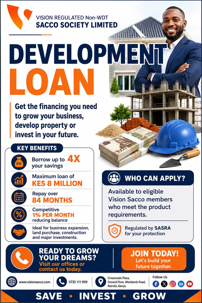 NonWdtSacco's tweet photo. Your next big investment starts here! 🚀
Access a Vision Sacco Development Loan and finance your construction, business expansion, or property investment with flexible repayment terms.
📞 0735 111 999
#VisionSacco #DevelopmentLoan #SmartBorrowing #Keny https://t.co/uFC1FXbuwb