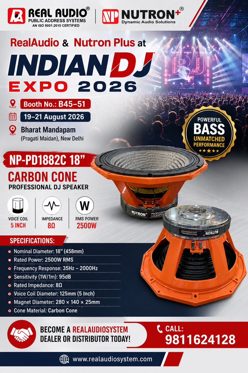 realaudio_dj's tweet photo. 🚀 Experience the Power of The NP-PD1882C 18" Carbon Cone Professional #DJSpeaker at Indian #DJExpo 2026! 🔊

📞 9811624128
🌐 https://t.co/duC5TkAMXD

#IndianDJExpo2026 #RealAudioSystem #NutronPlus #ProfessionalAudio #DJSpeaker #CarbonCone https://t.co/kIskab64z6