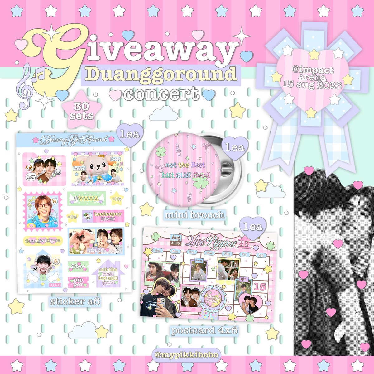 mypikkibobo's tweet photo. pls kindly rt ☁️𓈒 ♡ྀི👼🏻

ー 🍮💭 🎀 giveaway 
#DuangGoRoundConcert ໒꒱ིྀ

only 30 sets ˚⊹♡
(✿) sticker a6 1 ea
(✿) postcard 1 ea
(✿) mini brooch 1 ea

( 🐶🐻‍❄️🪽 )
date 15 aug 2026
location : impact arena
time : tba

- rt &amp; show this tw 

#เจอด้วงที่อิมแพคนะเธอ⋆˚
#teeteepor https://t.co/1PpGsMPBuu