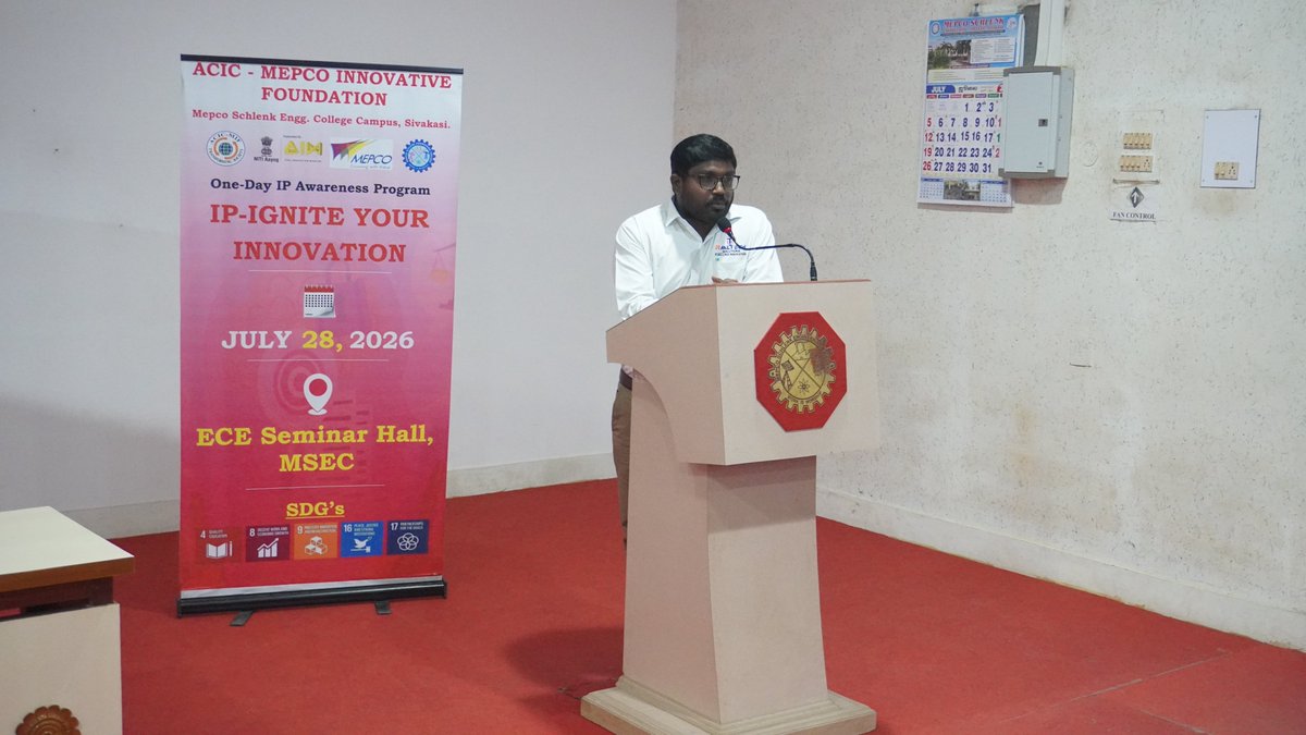ACIC_MIF's tweet photo. ACIC-MIF conducted One Day IP Awareness Program on the title "IP-Ignite your Innovation" on 28/07/2026. Dr. Matheswaran Alagu/Technical Lead/Raaltech Solutions/Coimbatore inaugurated the event and delivered the Inaugural address to the Innovators. 60 Innovators attended. https://t.co/81Js0Lydpp