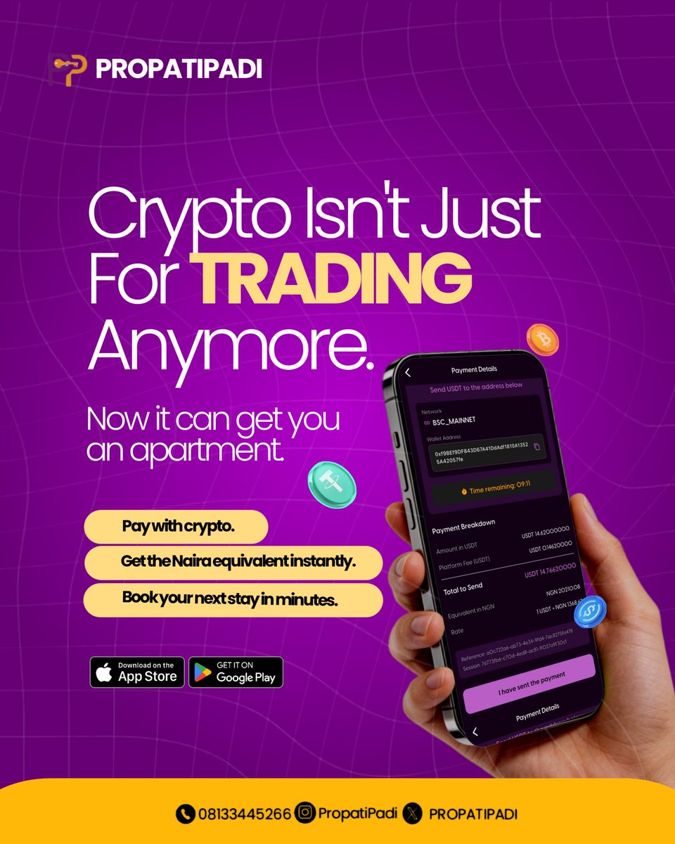 PROPATIPAD's tweet photo. Your crypto. Your next home. One seamless transaction. 

With PropatiPadi, you can pay with crypto, get the Naira equivalent instantly, and book your next apartment in minutes. Real estate just got smarter, faster, and borderless.

#PropatiPadi #CryptoPayments #RealEstateTech https://t.co/AfBrC5x9va
