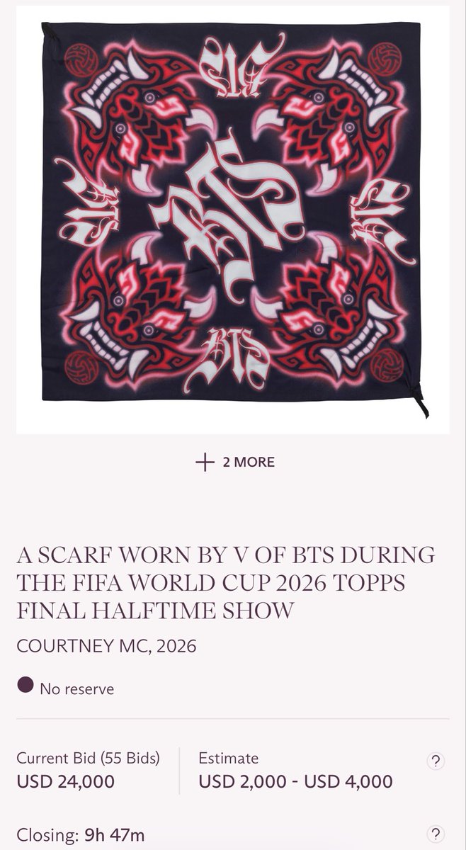 BTSVChartData's tweet photo. UPDATE

Taehyung’s FIFA World Cup 2026 scarf auction has reached $24,000! The auction will close in a few hours. https://t.co/v4MUrVm1AV