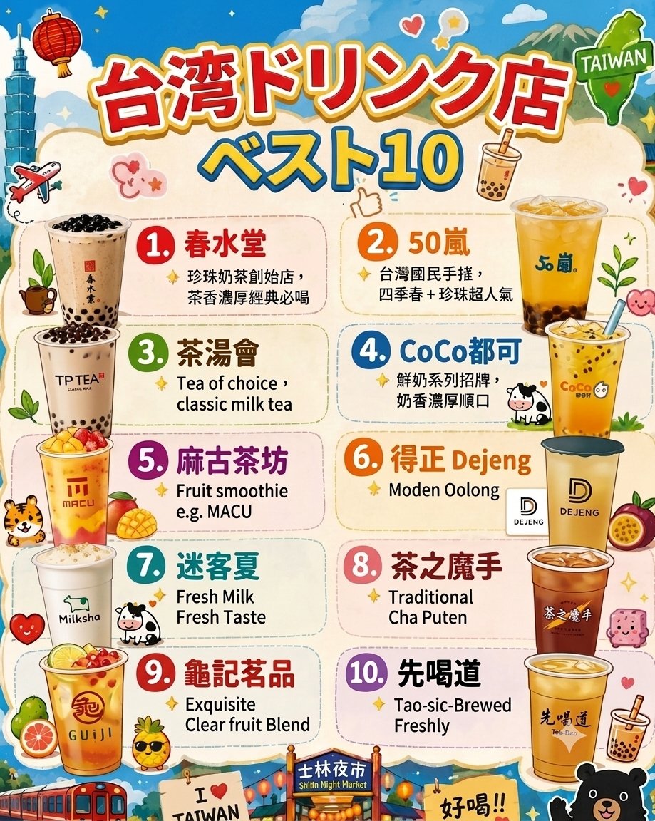haruotpe's tweet photo. 台湾人が選んだ人気ドリンク店ランキング
この中の何軒の店で飲んだことありますか？

(2026年6月11日〜7月10日網路温度計資料より) https://t.co/07w4YwsNPc