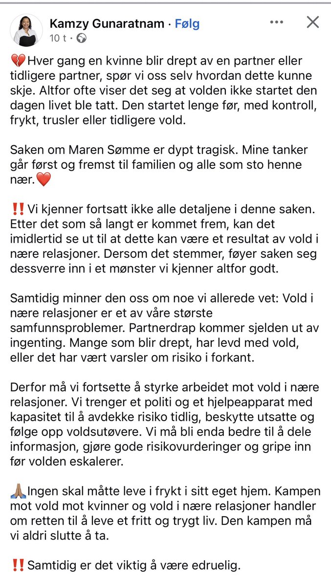 LiseSorensen_'s tweet photo. Nei, Kamzy. Vi vet godt hvordan det kunne skje. Dere har tatt inn en hel haug mennesker som IKKE deler vår kultur eller våre verdier.

Og når de viser det gang på gang ved å begå kriminalitet, nekter dere å sende dem ut.

Dere bruker «vold i nære relasjoner» for å slippe å snakke om innvandring og konsekvensene av den helt forferdelige politikken deres.

Dere mener tydeligvis det er viktigere at den ekle slimålen får bli i Norge, enn at norske kvinner er trygge.

Han var utvist. Han skulle ikke vært her. Det kunne skje fordi dere lot ham bli.
