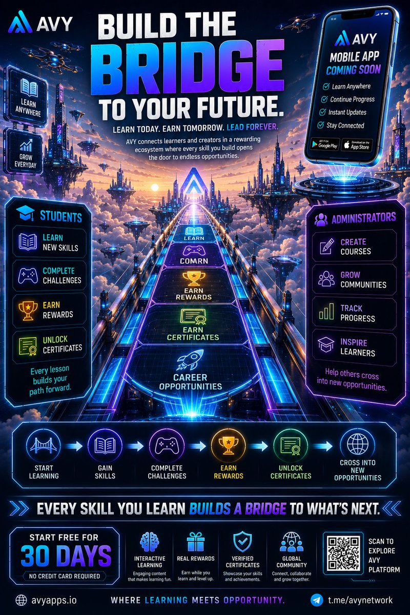 ProjectAvy's tweet photo. Hello AVY Community 👋

Happy Wednesday! 💙

You’re halfway through the week don’t stop now.

The skills you build today can become the opportunities you unlock tomorrow. Whether it’s AI, coding, marketing, business, or career development, every lesson is progress worth making.

With AVY, your growth is rewarded every step of the way.

🎮 Complete challenges
🏆 Earn rewards
📜 Unlock certificates
🌍 Learn with a global community

For Administrators, create courses that inspire lasting impact.

For Students, keep building the future you want.

📱 The AVY Mobile App is coming soon, so you’ll be able to learn anytime, anywhere.

📺 Watch the full platform walkthrough:
https://t.co/Zubd2qzPYn

Start today with a 30-day free trial.

🔗 https://t.co/qeLd8wv8bQ
TG: https://t.co/h4VR1Vz9Kz

#AVYProject #LearnToEarn #FutureOfLearning