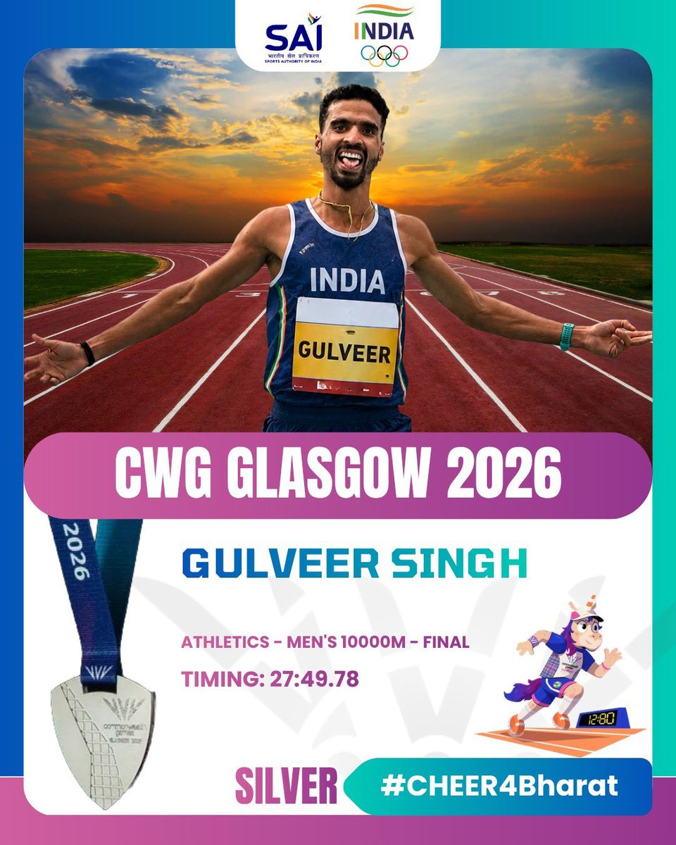 AmitShah's tweet photo. Kudos to Gulveer Singh for setting the remarkable milestone of winning India's first-ever medal in the 10000M in Commonwealth Games with a Silver🥈. Your feat will inspire budding players to win more honors for the nation. Best wishes for your future endeavors.
#CWG2026 https://t.co/8JPNl6CWal
